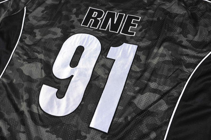 Dark camo mesh football jersey with white 91 and RNE lettering on the chest