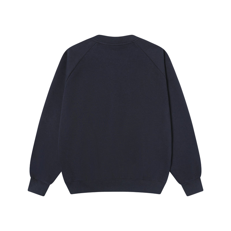Navy sweatshirt back view with plain raglan sleeves and ribbed trim
