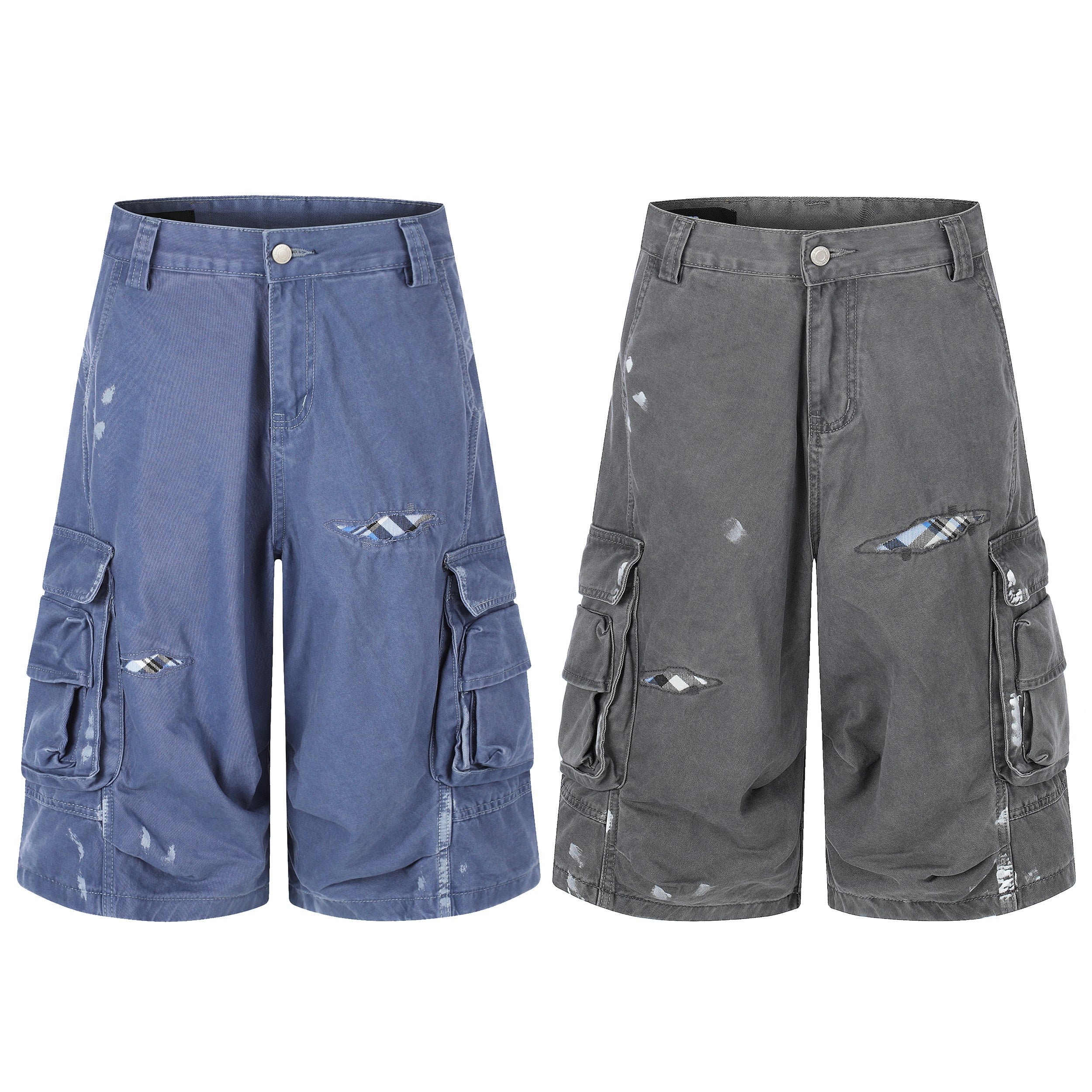 Washed blue distressed cargo shorts with oversized flap pockets and plaid underlay rip details, front view