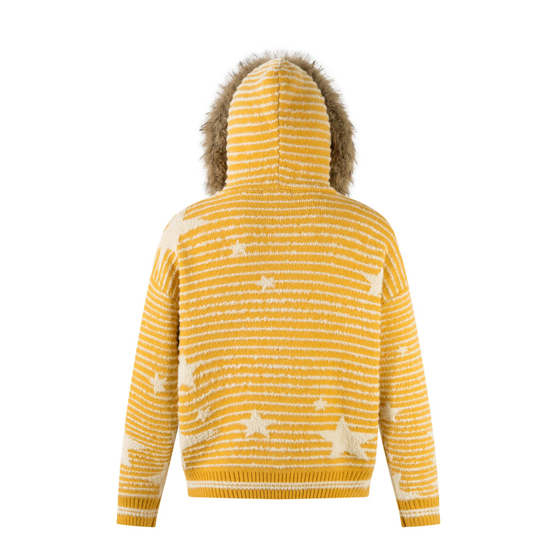 Back view of the yellow striped knit hooded zip jacket with faux fur trim