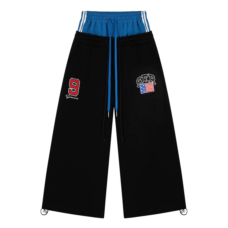 Varsity Patch Wide-Leg Sweatpants | Contrast Double Waist