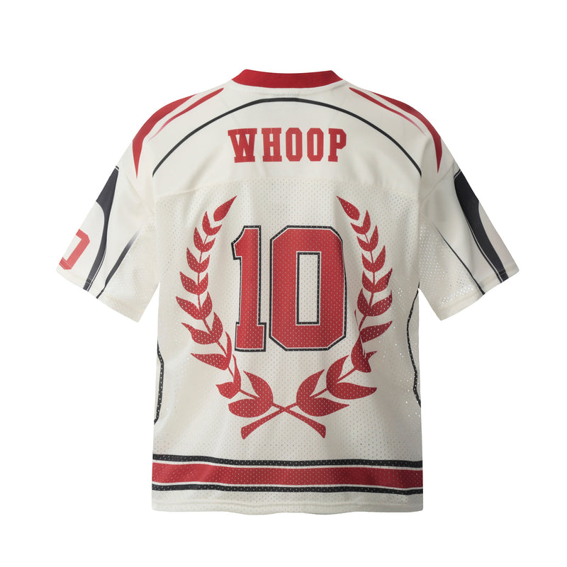 White mesh football jersey tee with red number 10, WHOOP text, and laurel graphic on the back