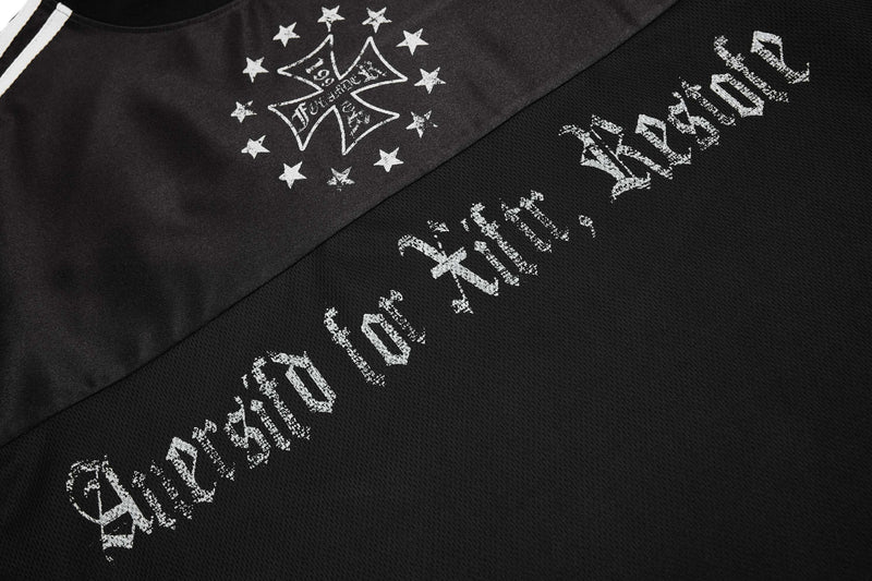 Black mesh gothic streetwear tee with distressed white Aversio lettering and star graphic print