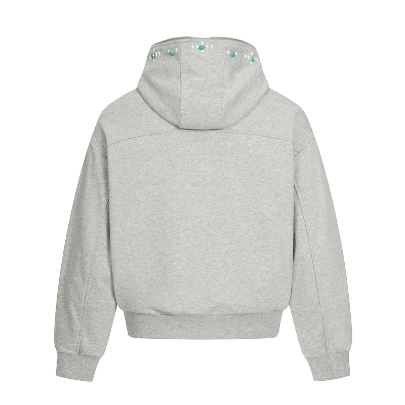 Light gray zip hoodie with hood and dot detail, back view