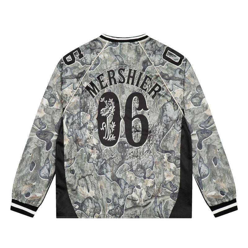 Back view of camo long-sleeve mesh jersey with large Mershier 06 print
