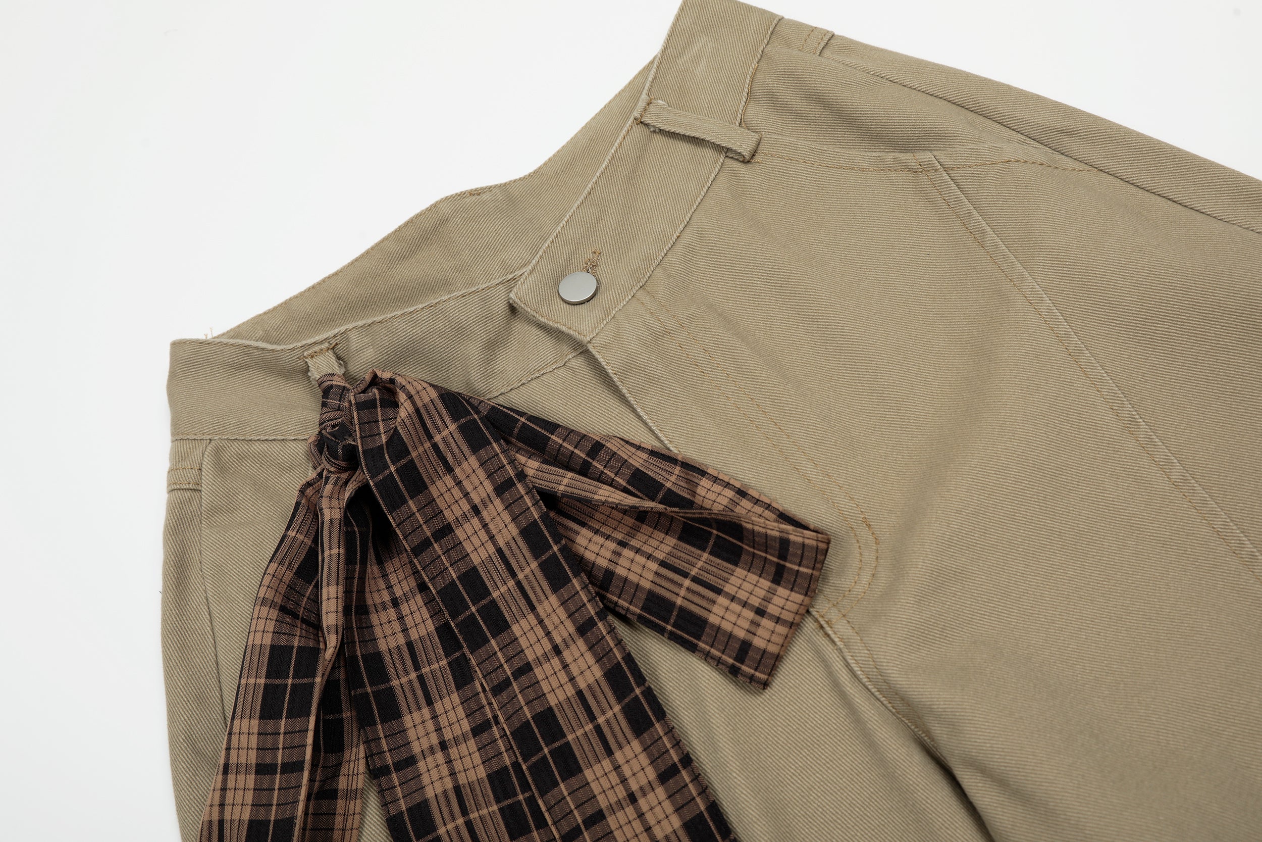 Plaid Tie-Belt Arc Wide-Leg Pants | 100% Cotton Streetwear