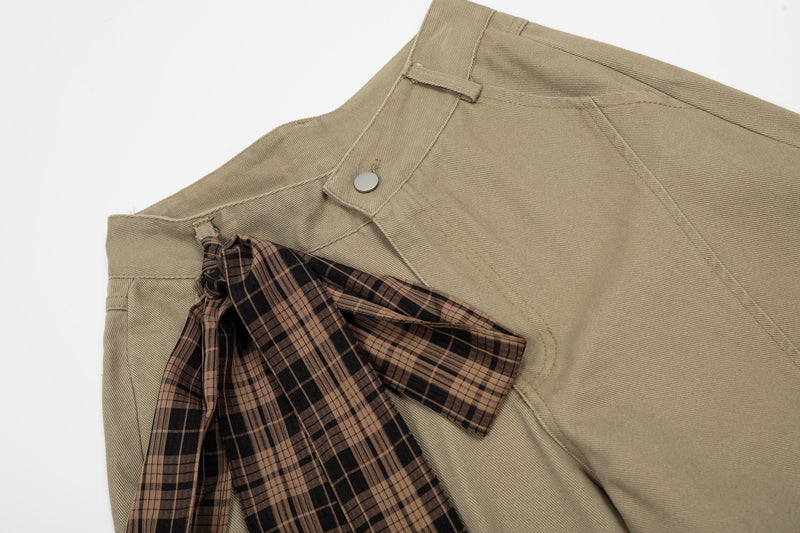 Plaid Tie-Belt Arc Wide-Leg Pants | 100% Cotton Streetwear