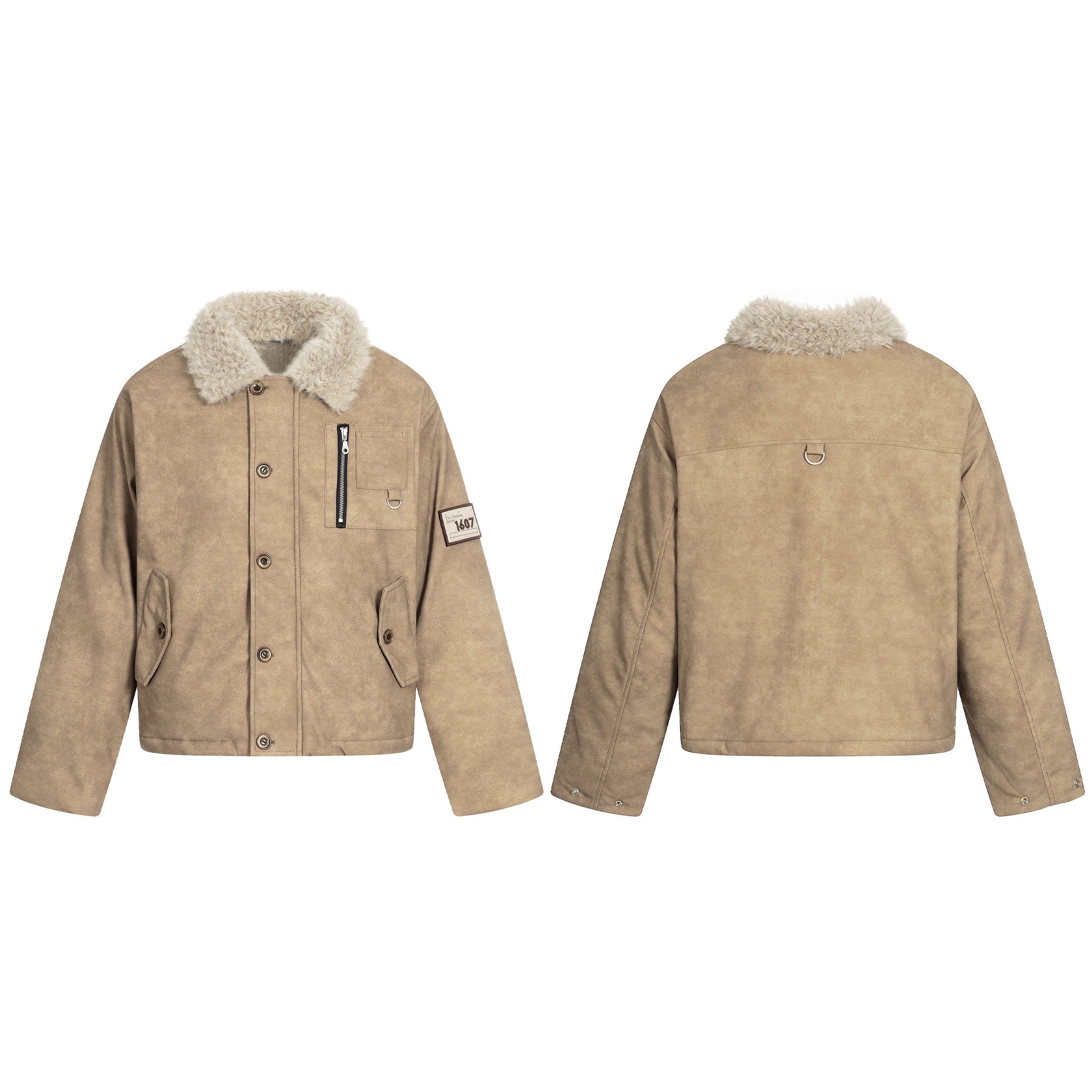 Front and back view of a tan PU jacket with cream faux-shearling collar, chest zipper pocket, and numbered sleeve patch