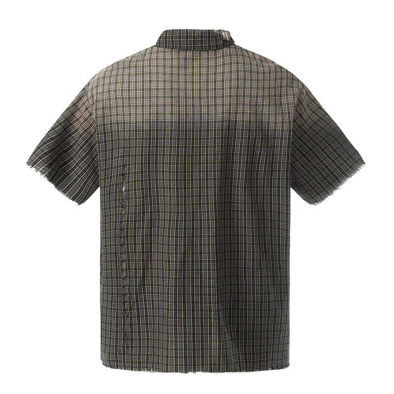 Back view of a distressed plaid short-sleeve shirt with raw hem and frayed edges on a white background