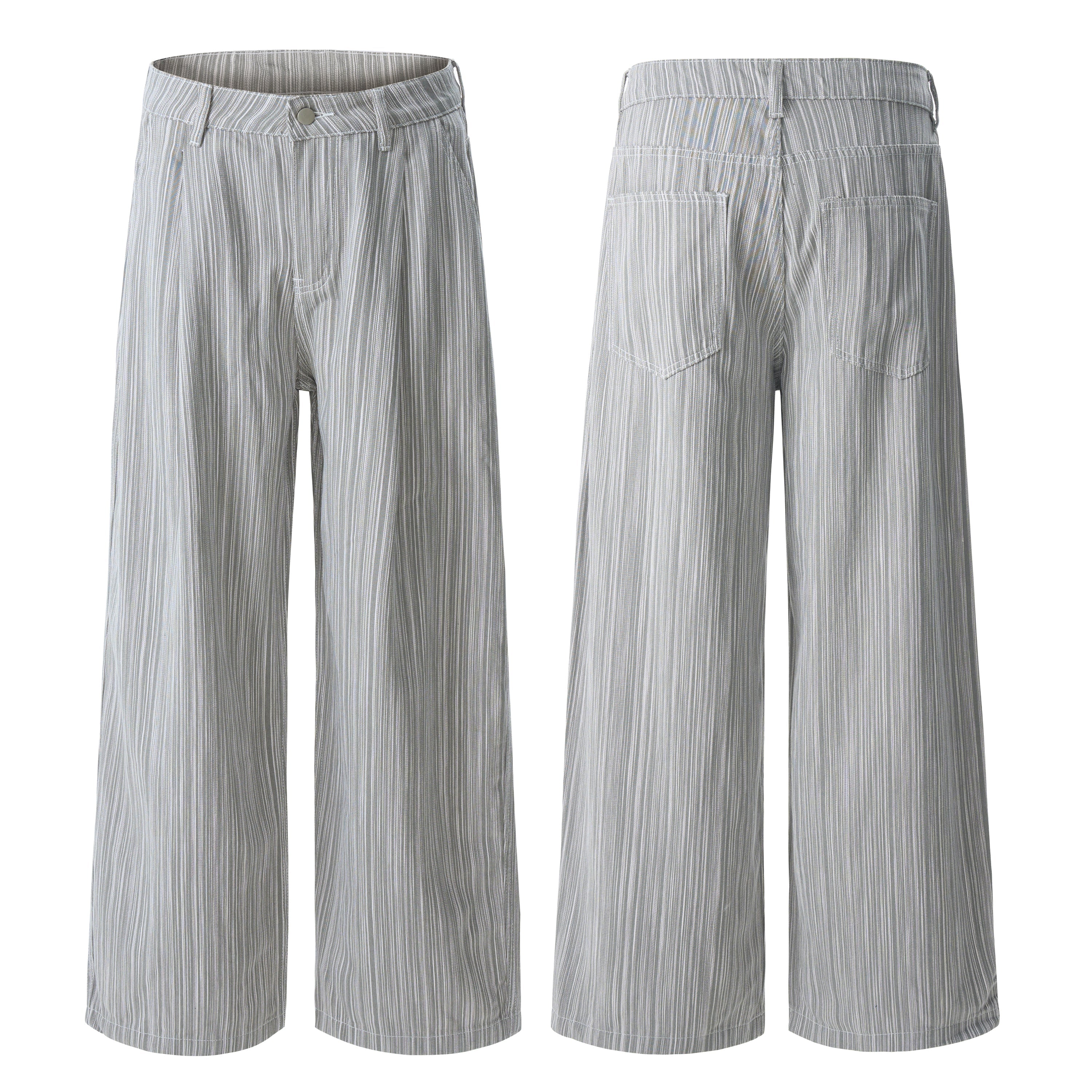 Front and back view of grey vertical striped relaxed wide-leg pants with button waist and patch back pocket