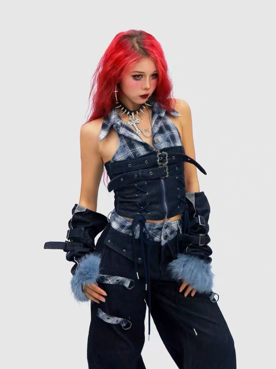 Omirad Flannel-Lined Faux Fur Barrel Leg Denim Pants