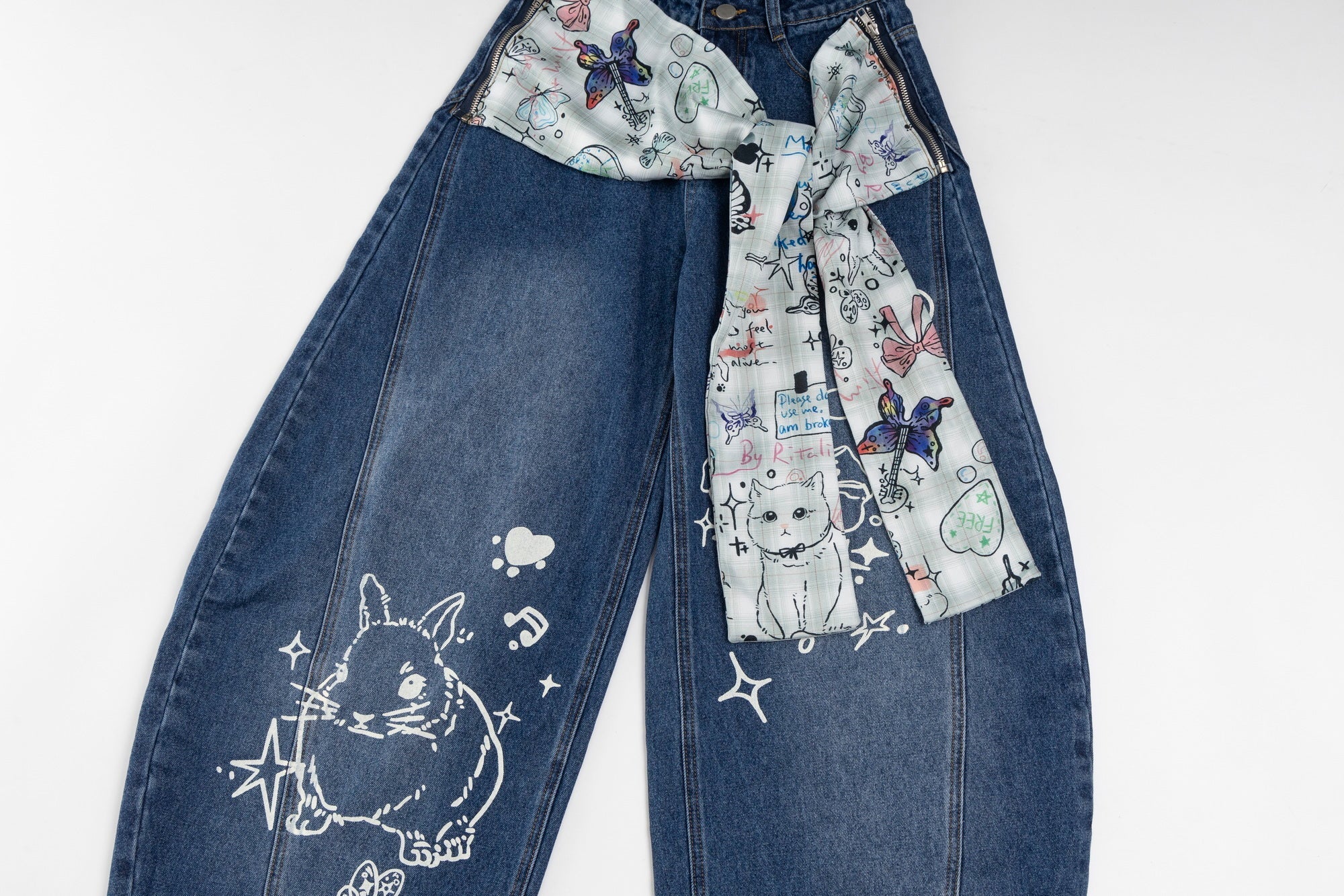 Bunny Graphic Ribbon Bow Curved Wide-Leg Jeans | Omirad