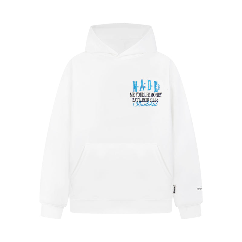 White hoodie front view with small blue embroidered MADE badge logo on chest
