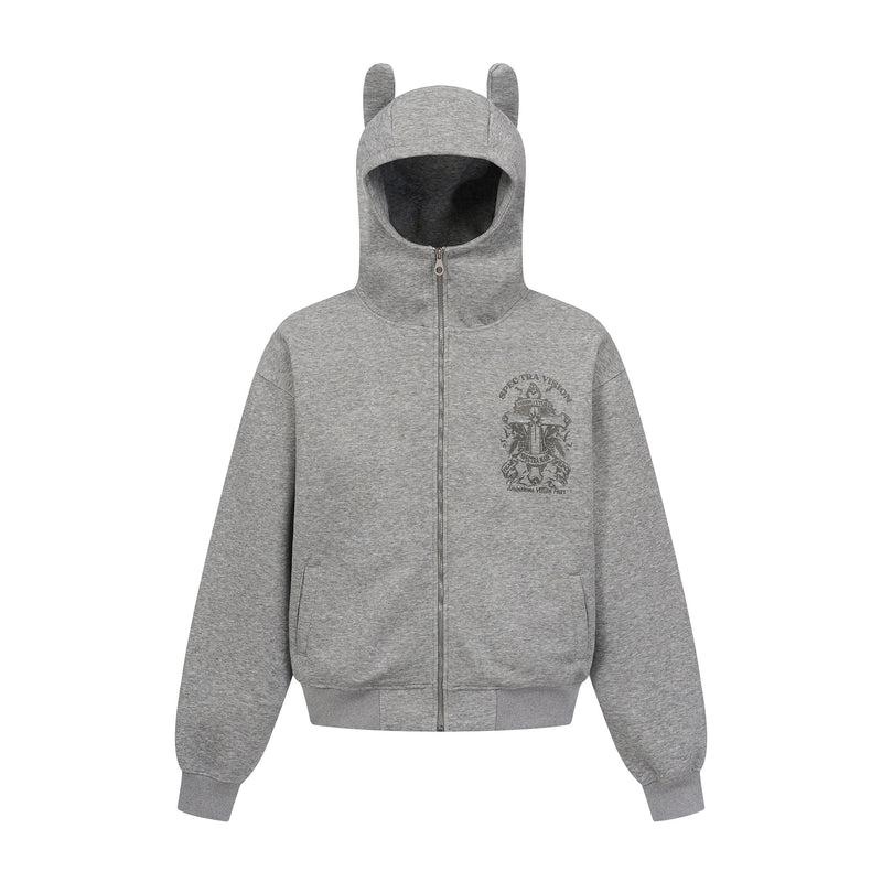 Gray zip hoodie with horned hood and small gothic crest print on the front