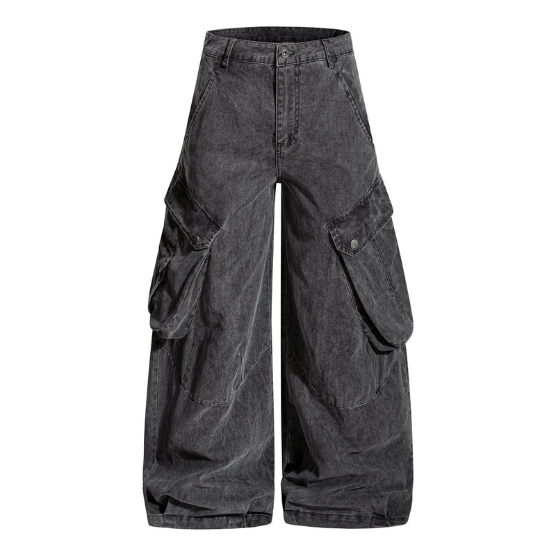 Front view of washed black wide-leg cargo pants with oversized flap pockets