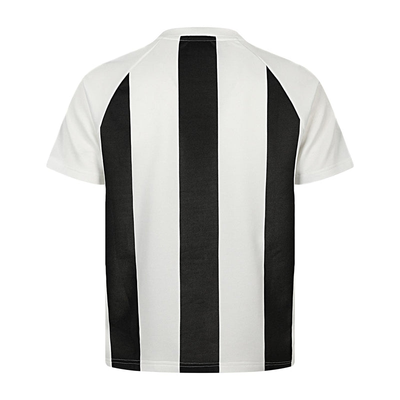 Black and white striped football jersey tee with short sleeves and a bold streetwear look, shown from the back
