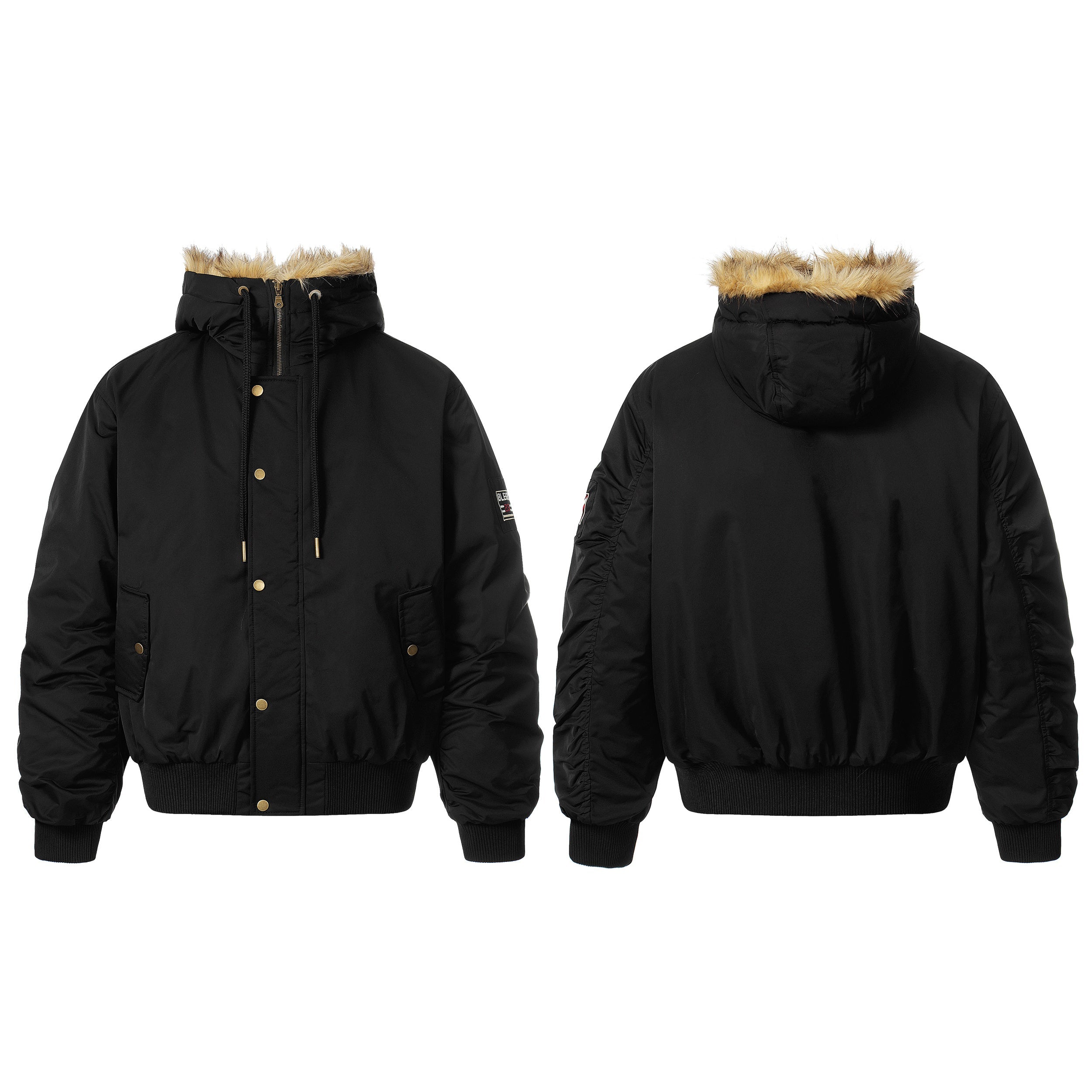 Black faux-fur hooded bomber jacket with gold snap buttons shown from front and back on white background