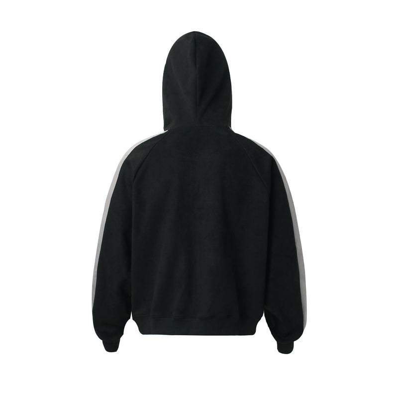 Back view of black hooded zip sweatshirt with gray sleeve stripes and plain back