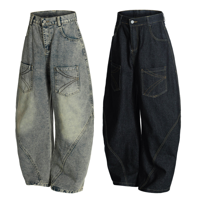 Wide-leg denim jeans in light wash and black, shown front view with curved front-pocket stitching