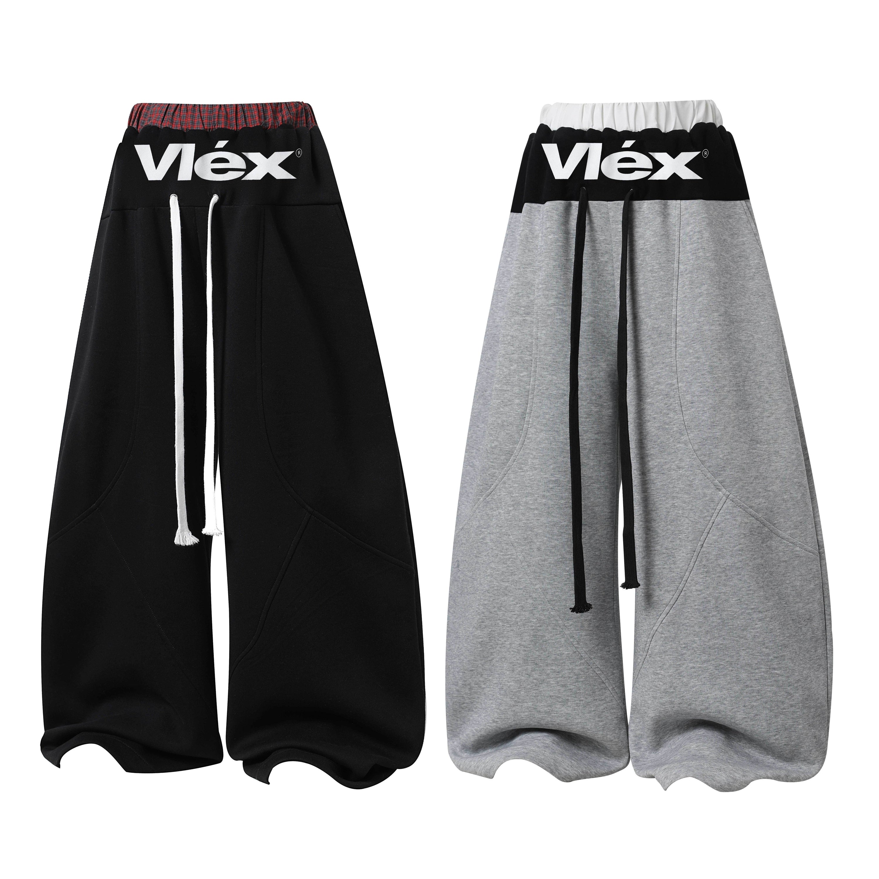 Vléx logo wide-leg sweatpants in black and grey colorways displayed flat on white background