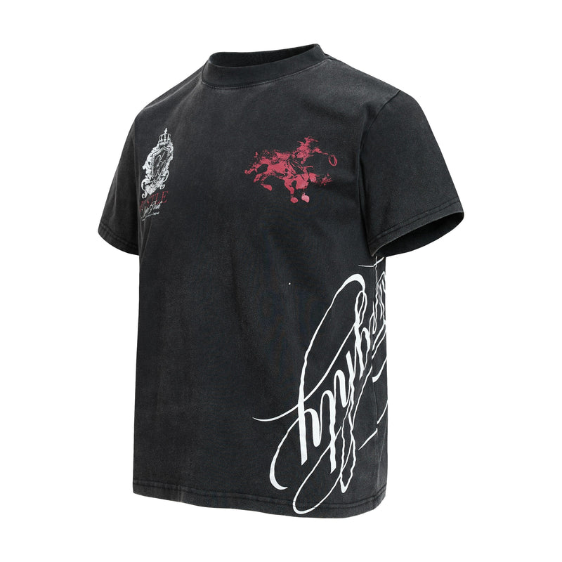 Black washed short sleeve tee with vintage crest graphic, red horse print, and oversized white script on the side