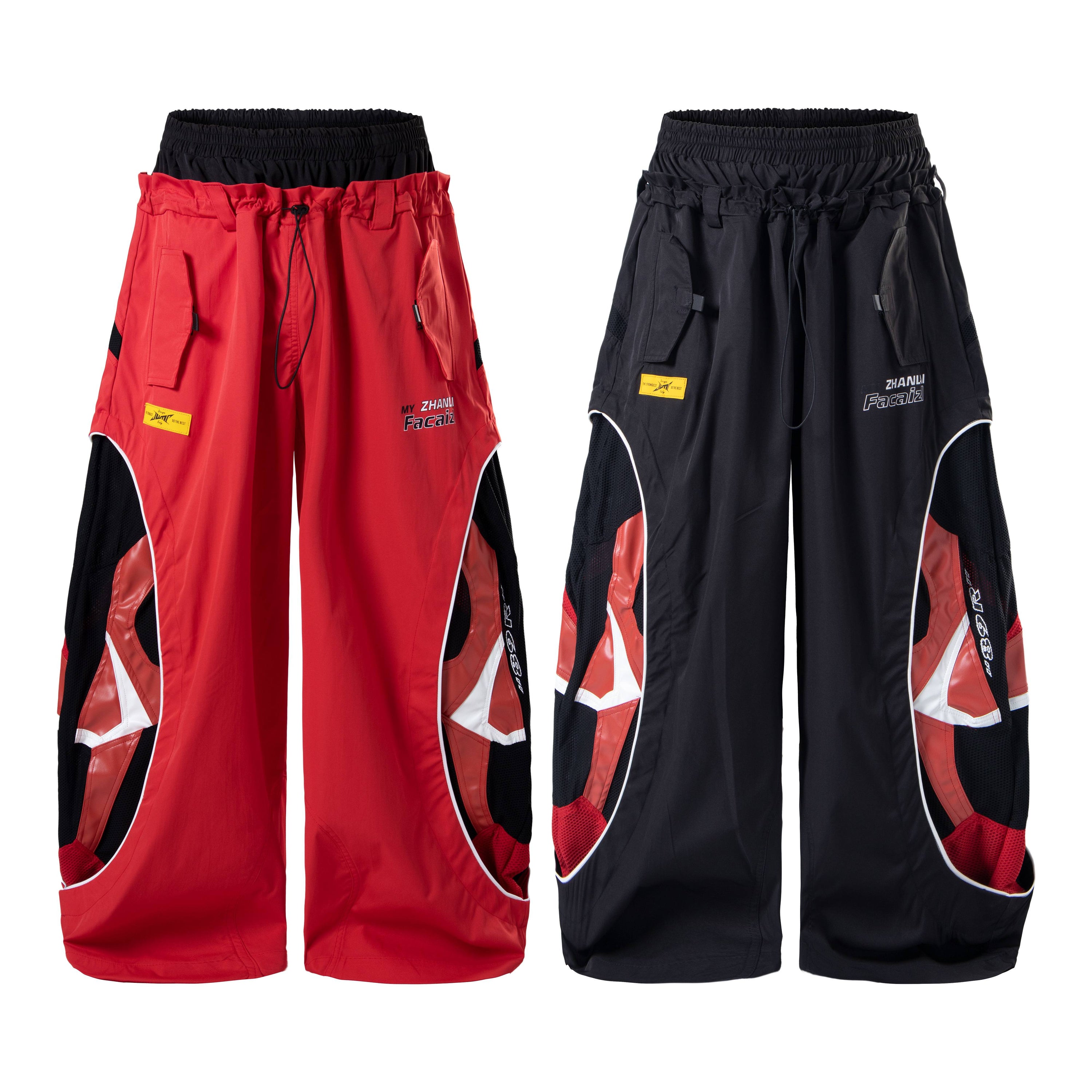 Red and black Omirad Tech Panel Wide-Leg Cargo Pants with curved contrast paneling and glossy PU inserts