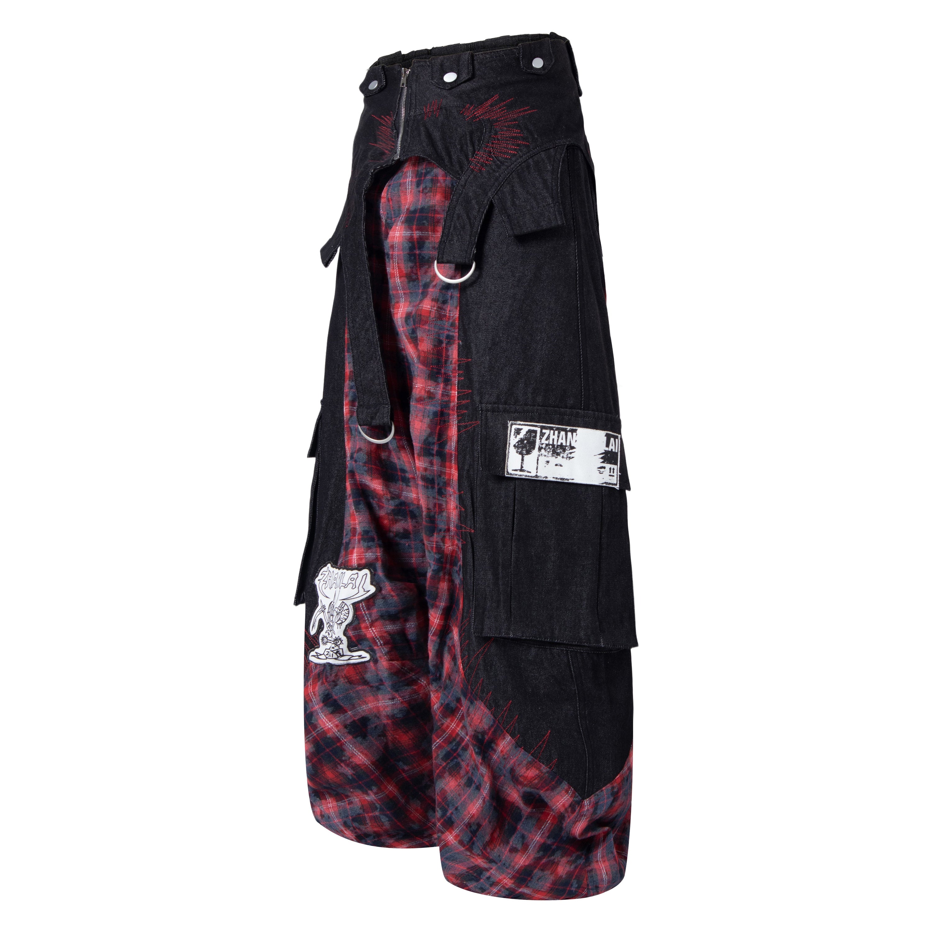 Punk Layered Plaid Panel Wide-Leg Cargo Pants | SEAKOFF