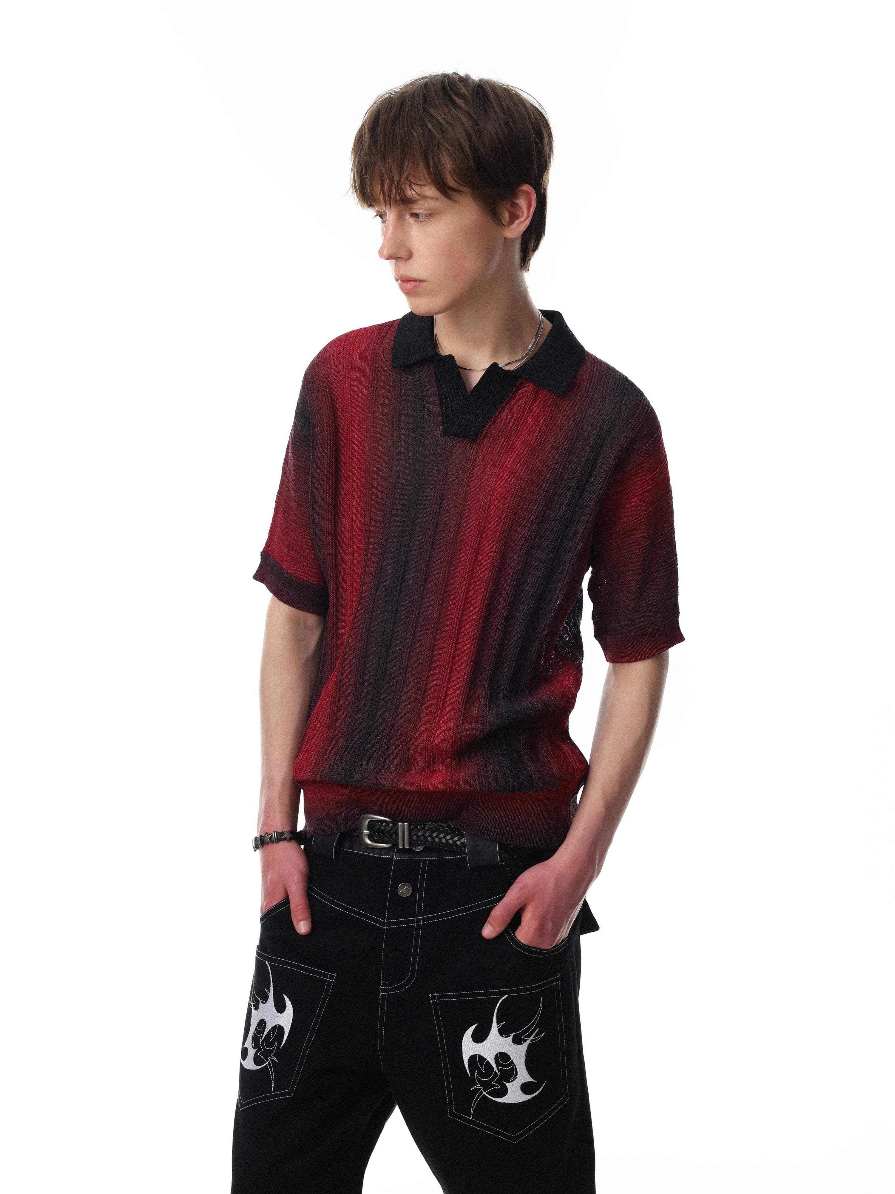 Men's Gradient Stripe Open-Knit Polo Shirt | Relaxed Fit