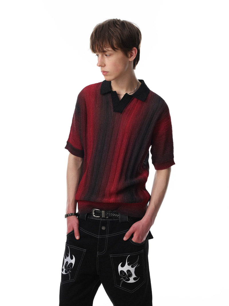 Men's red and black gradient stripe open-knit polo shirt with relaxed fit and short sleeves