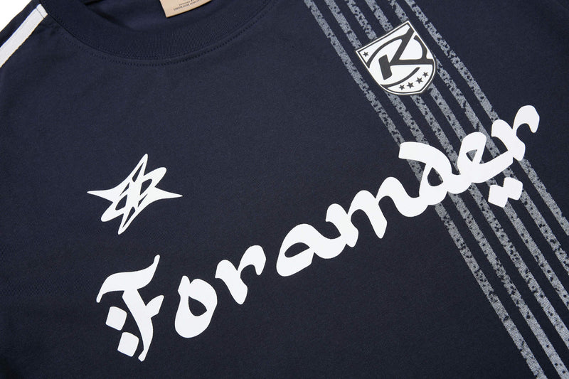 Navy sport tee with white Foramder logo, star graphic and vertical striped print across the chest