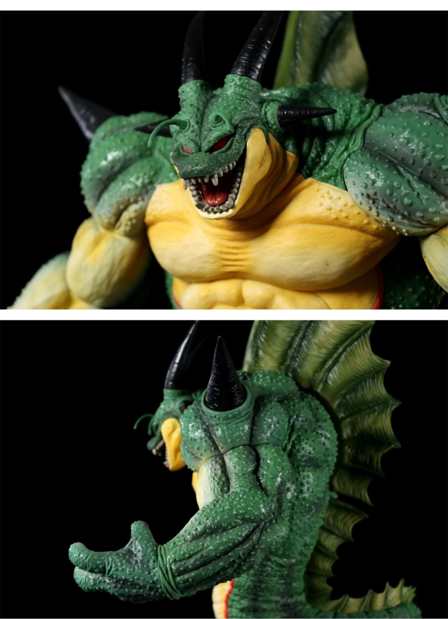 The Seakoff Shenron Broly Collectible Figure – Dragon Ball Z showcases a detailed green dragon with black horns and a muscular build. The top image displays its fierce open mouth, while the bottom highlights textured scales and tail—ideal for any fan of the 37cm premium action figure.