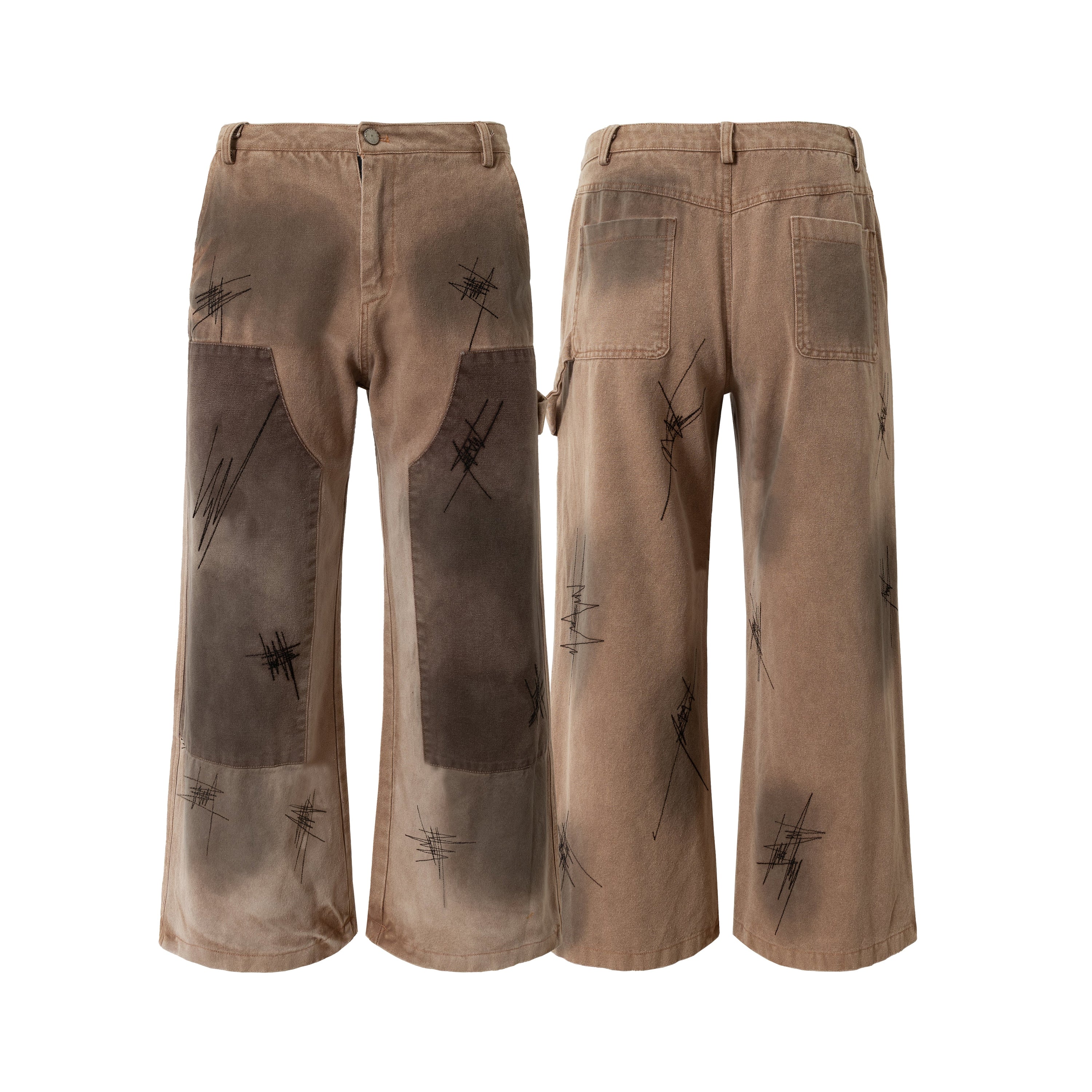 Front and back view of brown spray-dye patchwork wide-leg cargo jeans with abstract line graphics and contrast knee panels