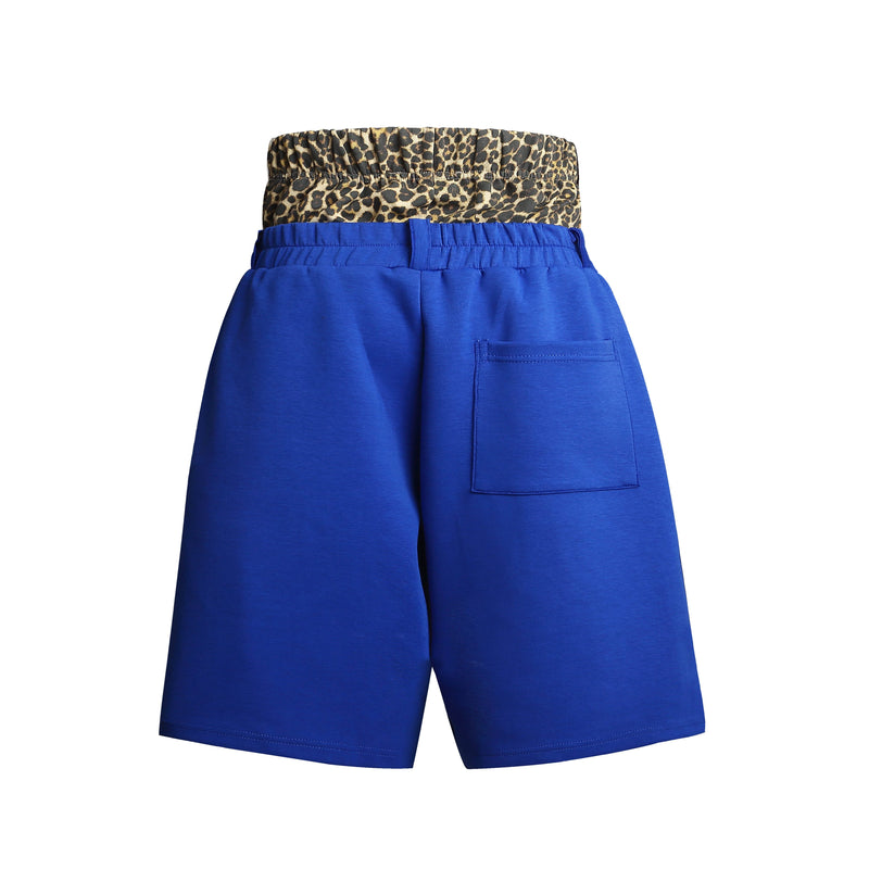 Back view of blue shorts with leopard waistband and rear patch pocket