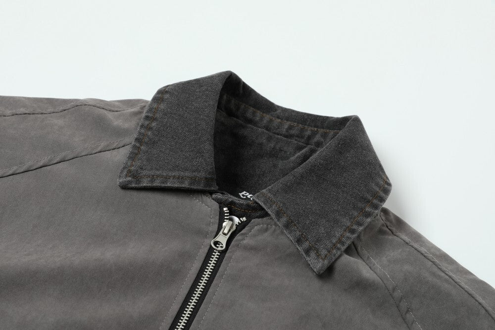 Vintage Contrast-Collar Cotton Bomber Jacket | Washed Gray