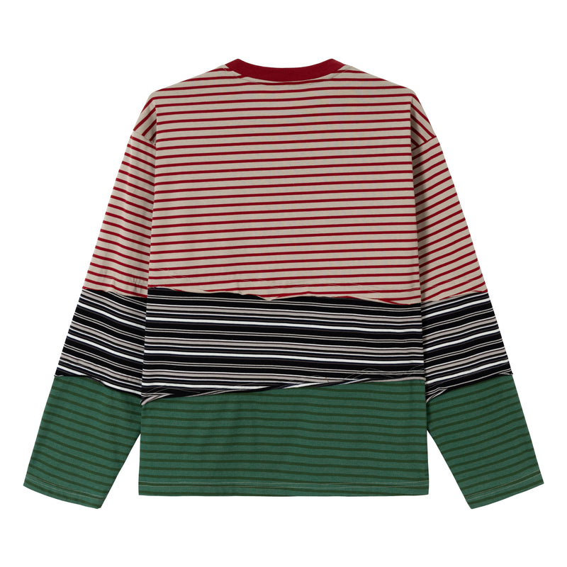 Color-block striped long sleeve tee in red, black, and green, back view