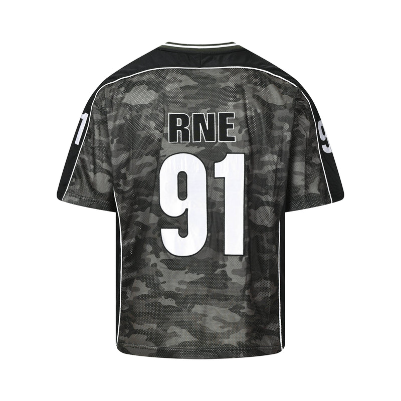 Dark camo mesh football jersey with RNE 91 graphic and black trim on the back side