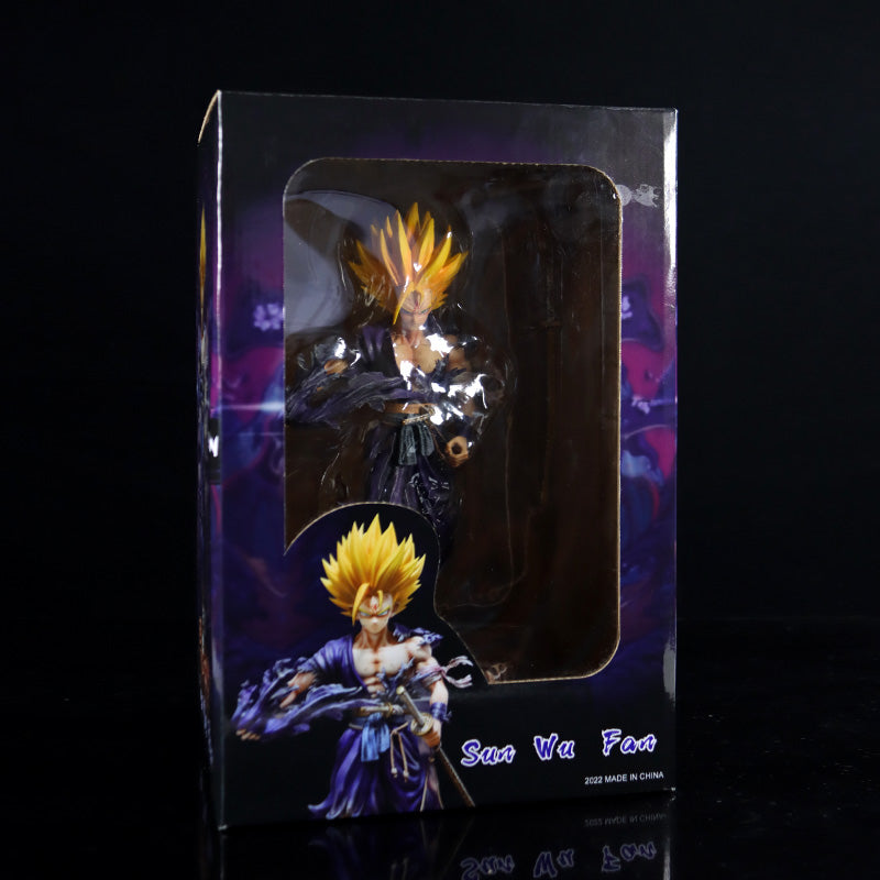 The Seakoff Future Trunks Super Saiyan Collectible Figure, featuring yellow spiky hair and a dark outfit, is visible in a box with &quot;Son Wu Fen&quot; and &quot;2022 Made in China&quot; on a black and purple backdrop.