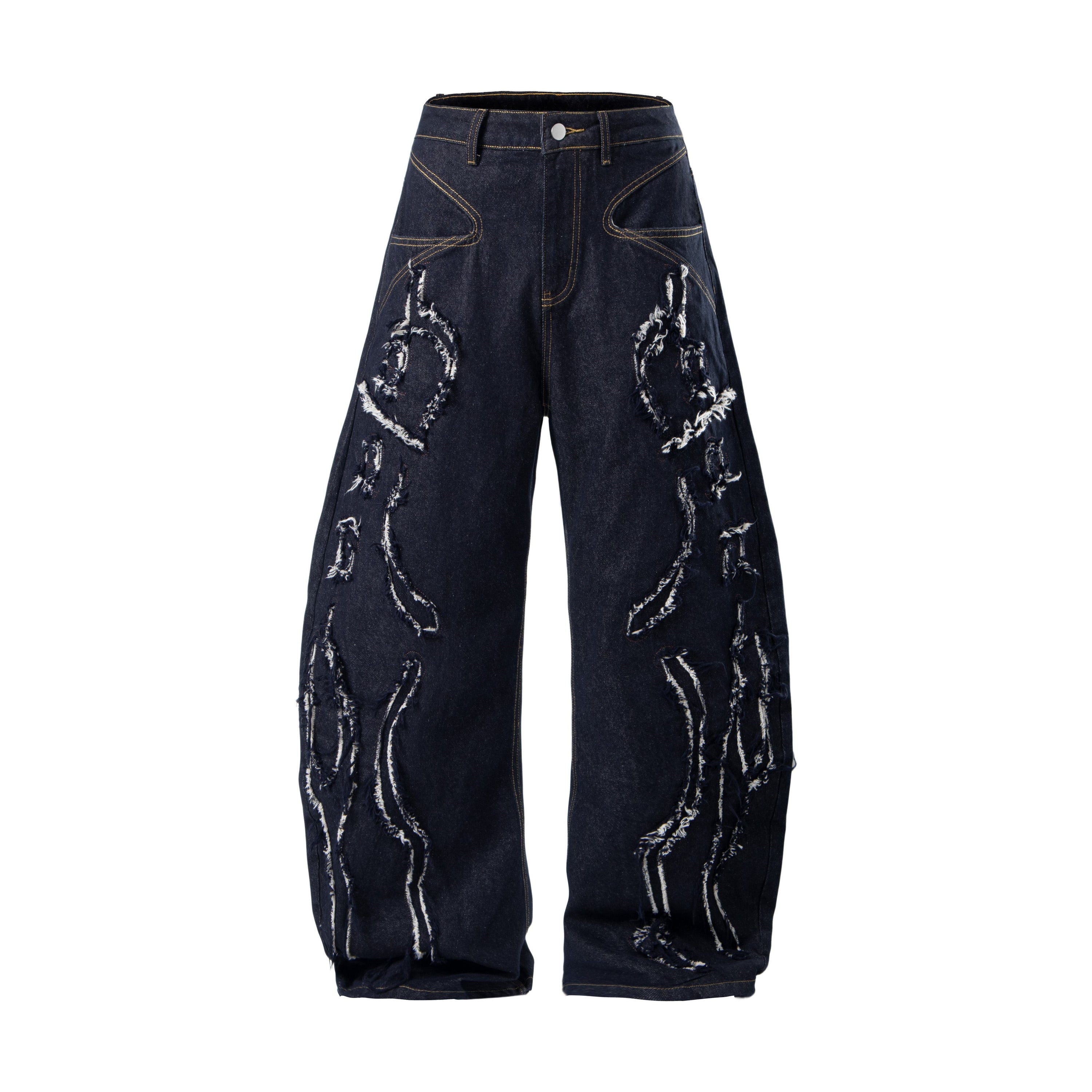 Distressed Flame Stitch Baggy Jeans | Dark Streetwear Denim