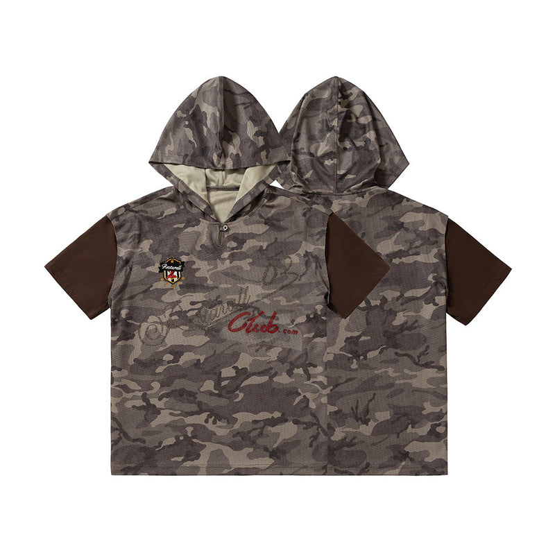 Oversized camo hooded short-sleeve tee with brown sleeves and embroidered chest logos on a white background