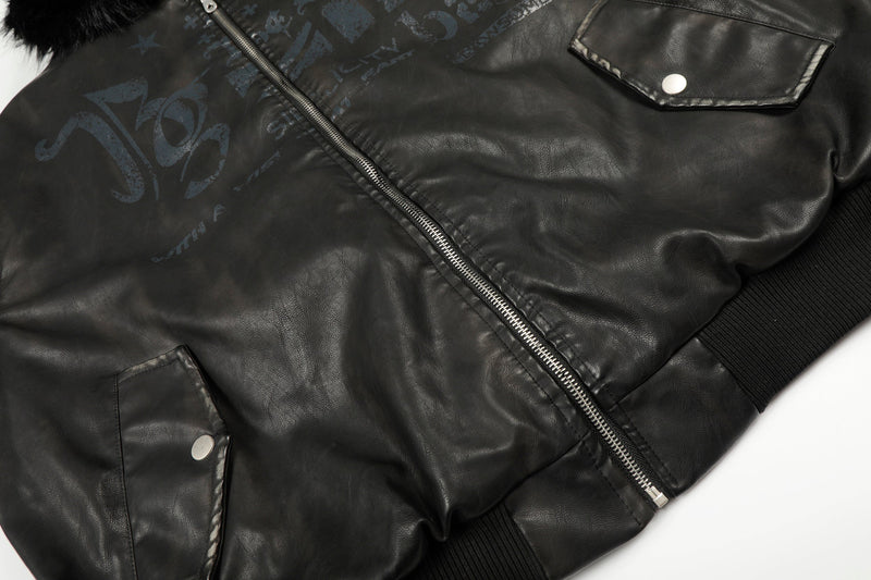 Omirad Vintage Graphic PU Leather Hoodie Bomber Jacket