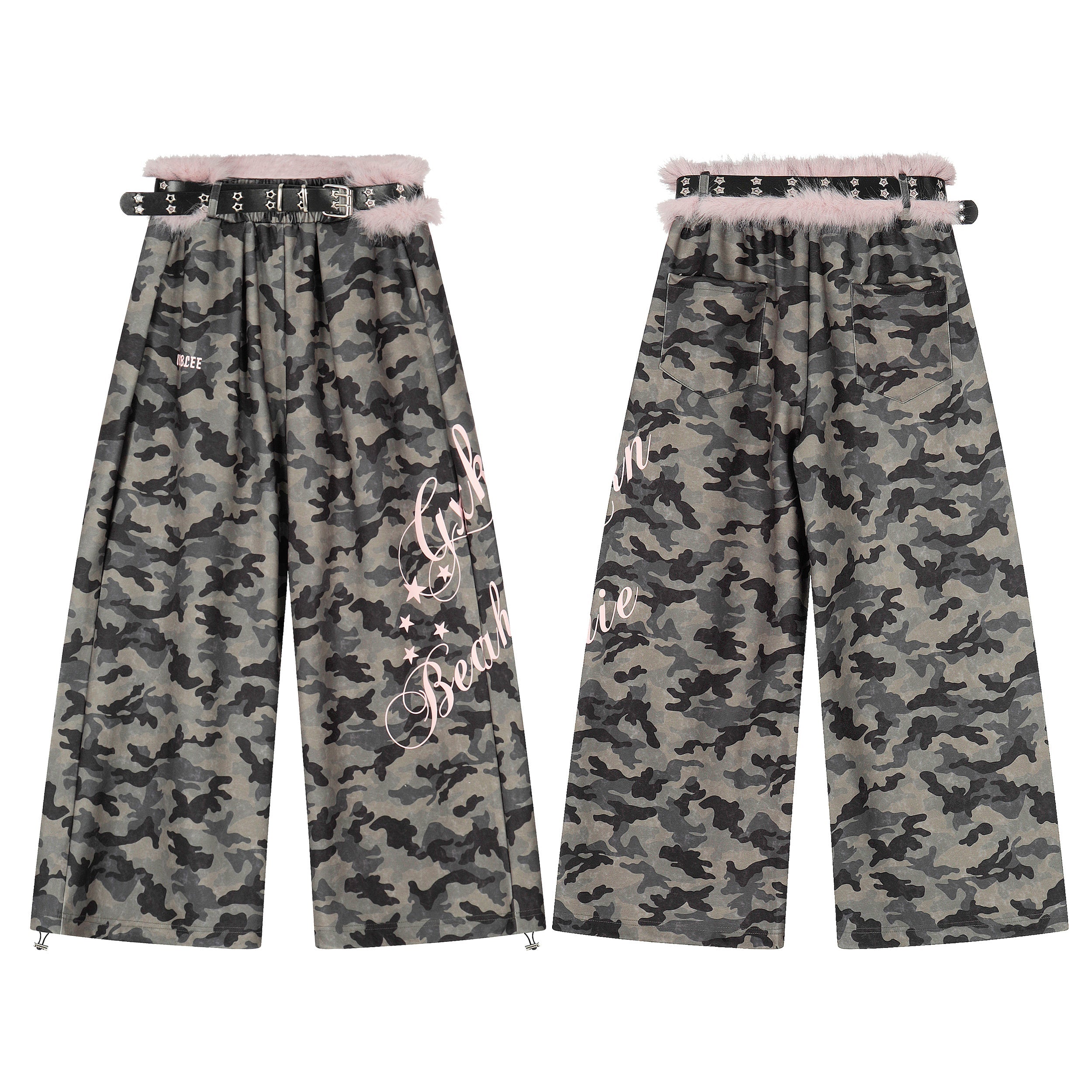 Front and back view of wide-leg camouflage pants with pink faux fur waist trim, black studded belt, and pink gothic lettering