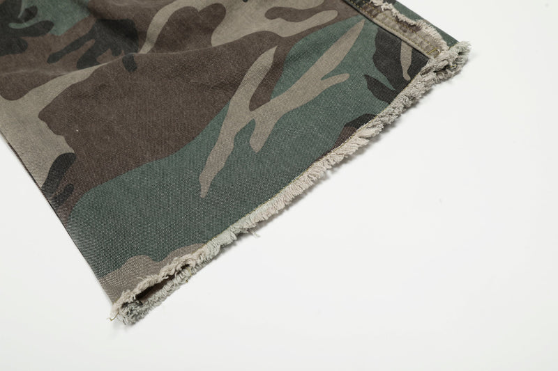 Close-up of the raw hem on camo wide-leg jeans