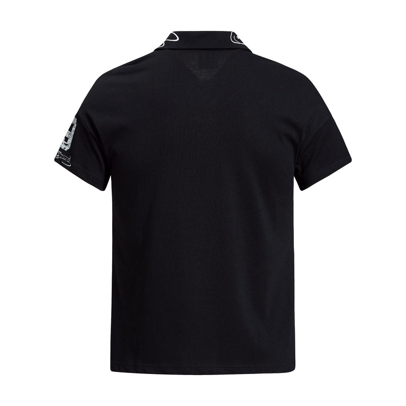 Black short-sleeve streetwear polo tee with star print detail on the collar and sleeve accents, shown from the back