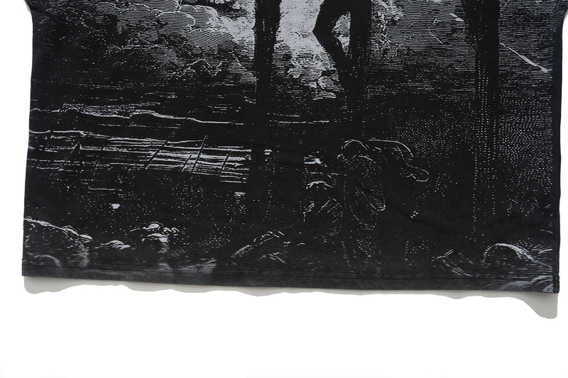 Vintage black graphic tee with a faded Doré crucifixion print and distressed washed finish