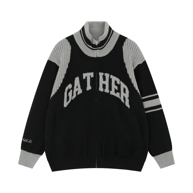 Black and gray varsity knit zip jacket with arched GATHER lettering, front view