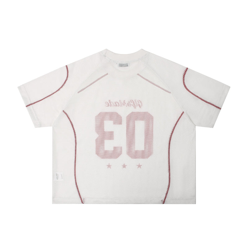 White mesh jersey tee with burgundy piping and large 03 graphic on the front