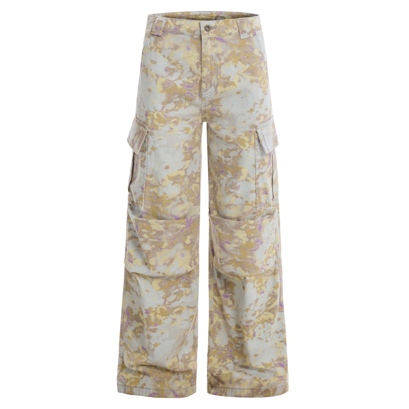Front view of abstract camo wide-leg cargo pants with flap pockets and button waist