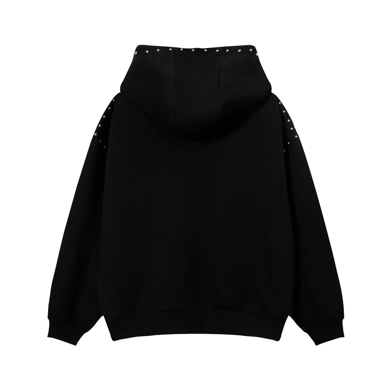 Black zip hoodie back view with studded hood edge and shoulder seams