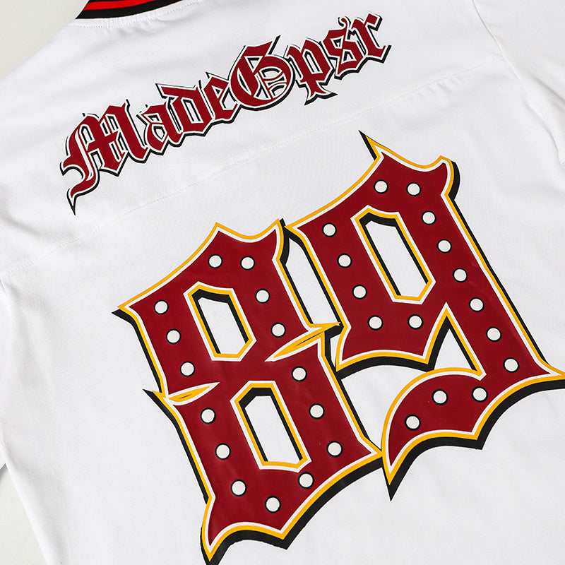 White MadeGypsr cotton football jersey with red gothic flame lettering and bold varsity-style chest graphic
