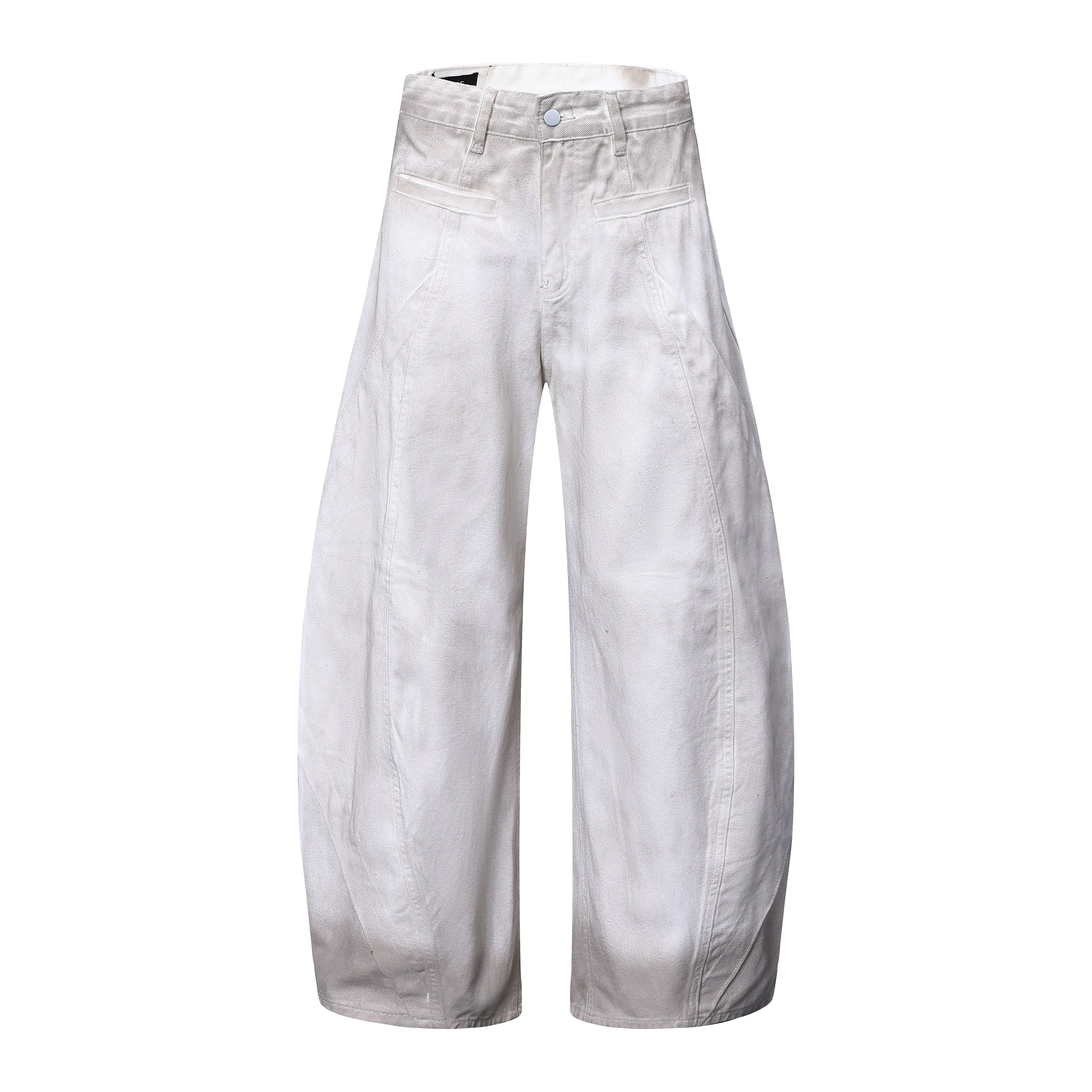 Front view of off-white washed barrel jeans with wide curved legs, panel seams, mid-rise waist and five-pocket design